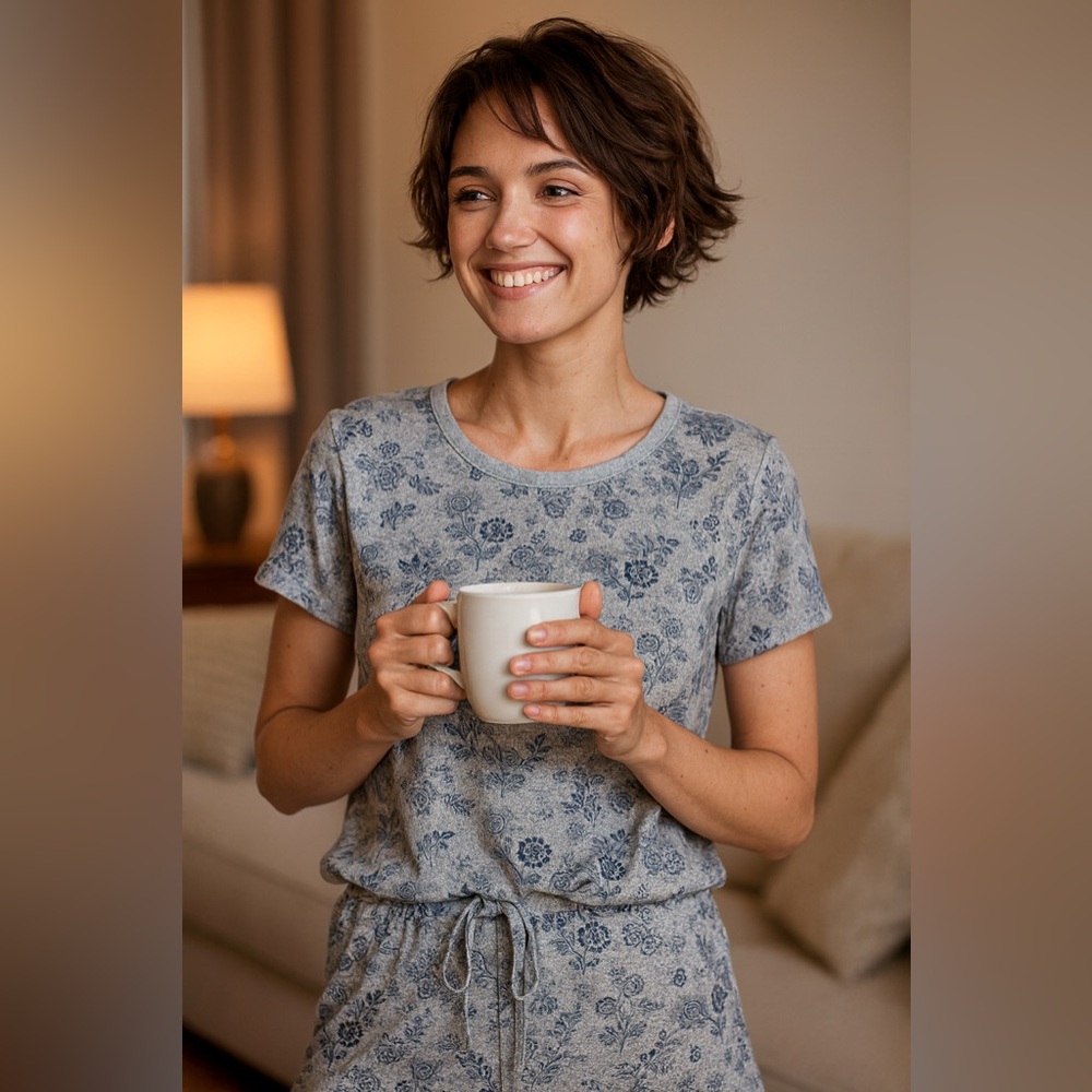 Lucky Brand Pajama Set with Shorts in Gray with Navy Blue Floral